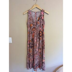 Madewell Pink Floral Batik Lace Up Tassel Midi Dress Sleeveless Size 00 Boho